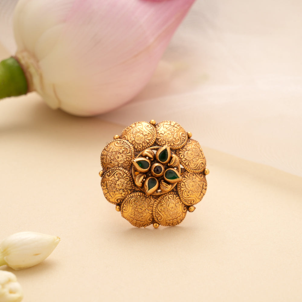 Beautiful Lakshmi Design Floral Golden Adjustable Ring