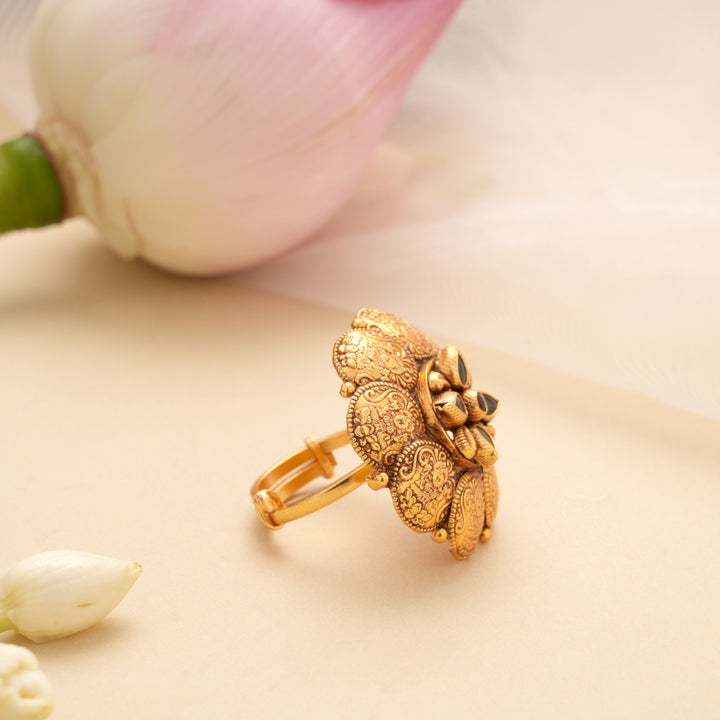 Beautiful Lakshmi Design Floral Golden Adjustable Ring