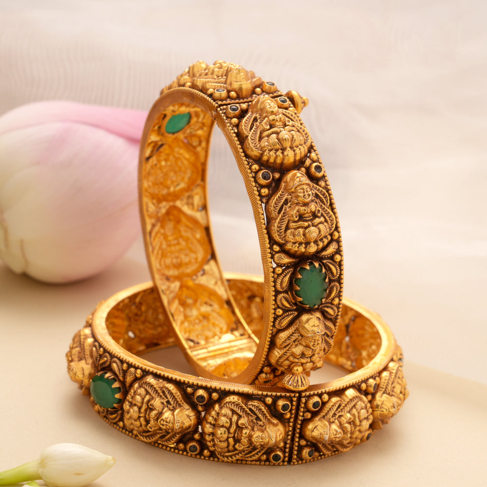 Classic Green Stone Temple Lakshmi Golden Bangle