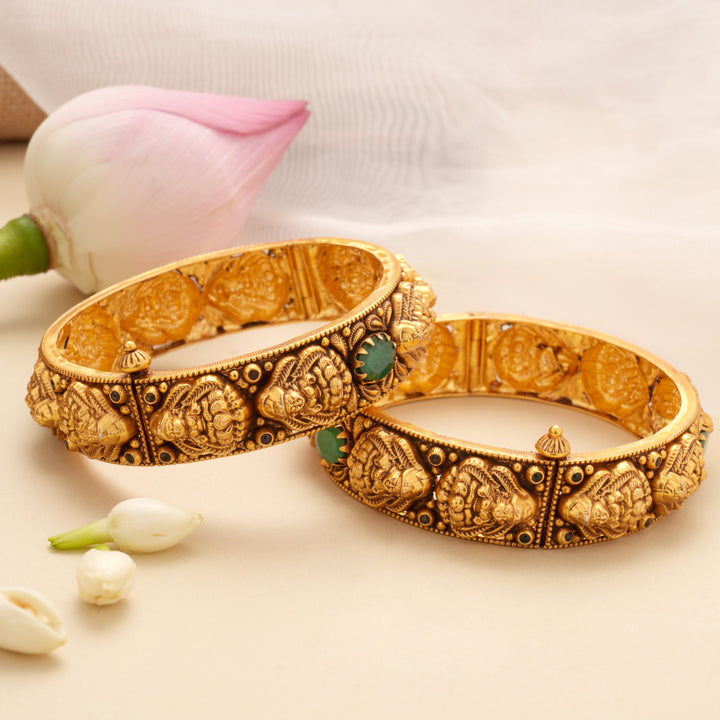 Classic Green Stone Temple Lakshmi Golden Bangle