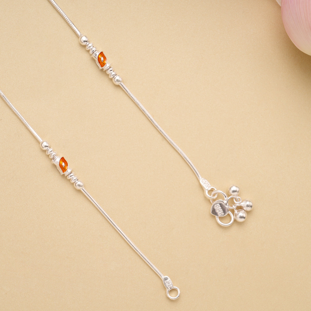 Premium Leaf Enamel Ball Design Silver Anklets