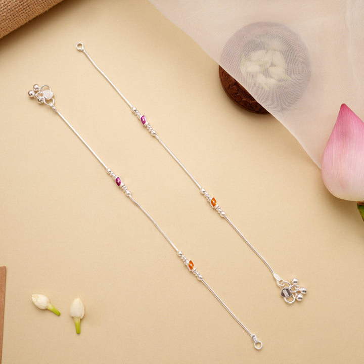 Premium Leaf Enamel Ball Design Silver Anklets
