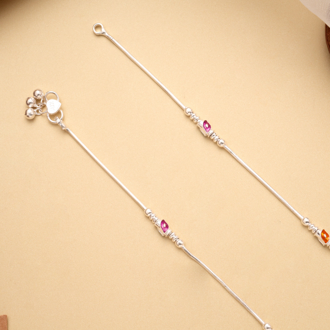 Premium Leaf Enamel Ball Design Silver Anklets