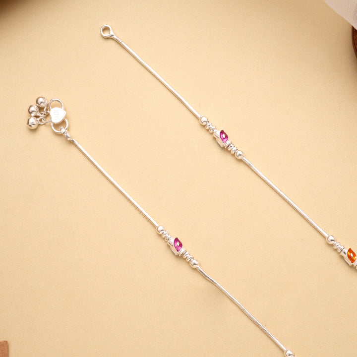 Premium Leaf Enamel Ball Design Silver Anklets