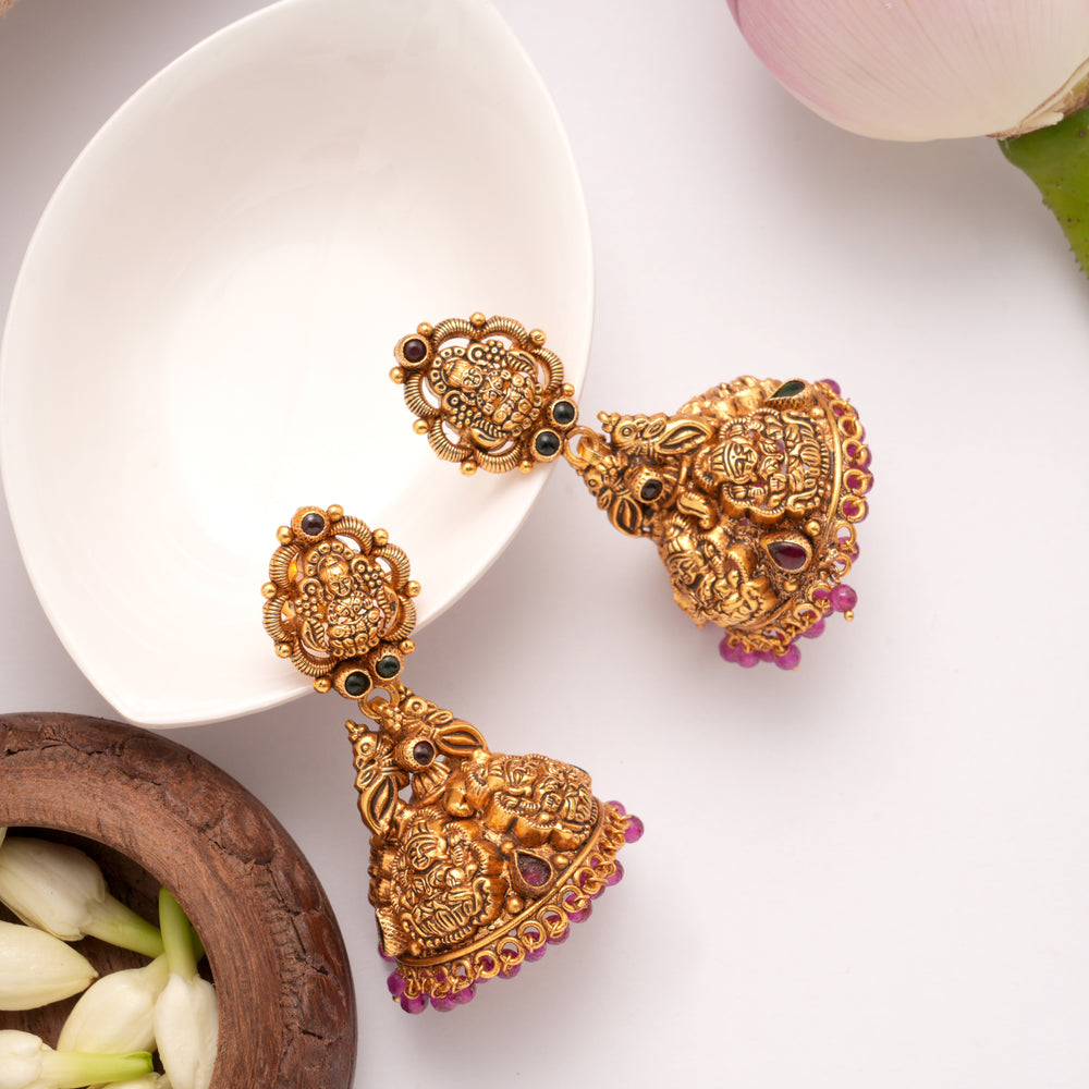 Trendy Peacock Lakshmi with Drops Golden Jumka