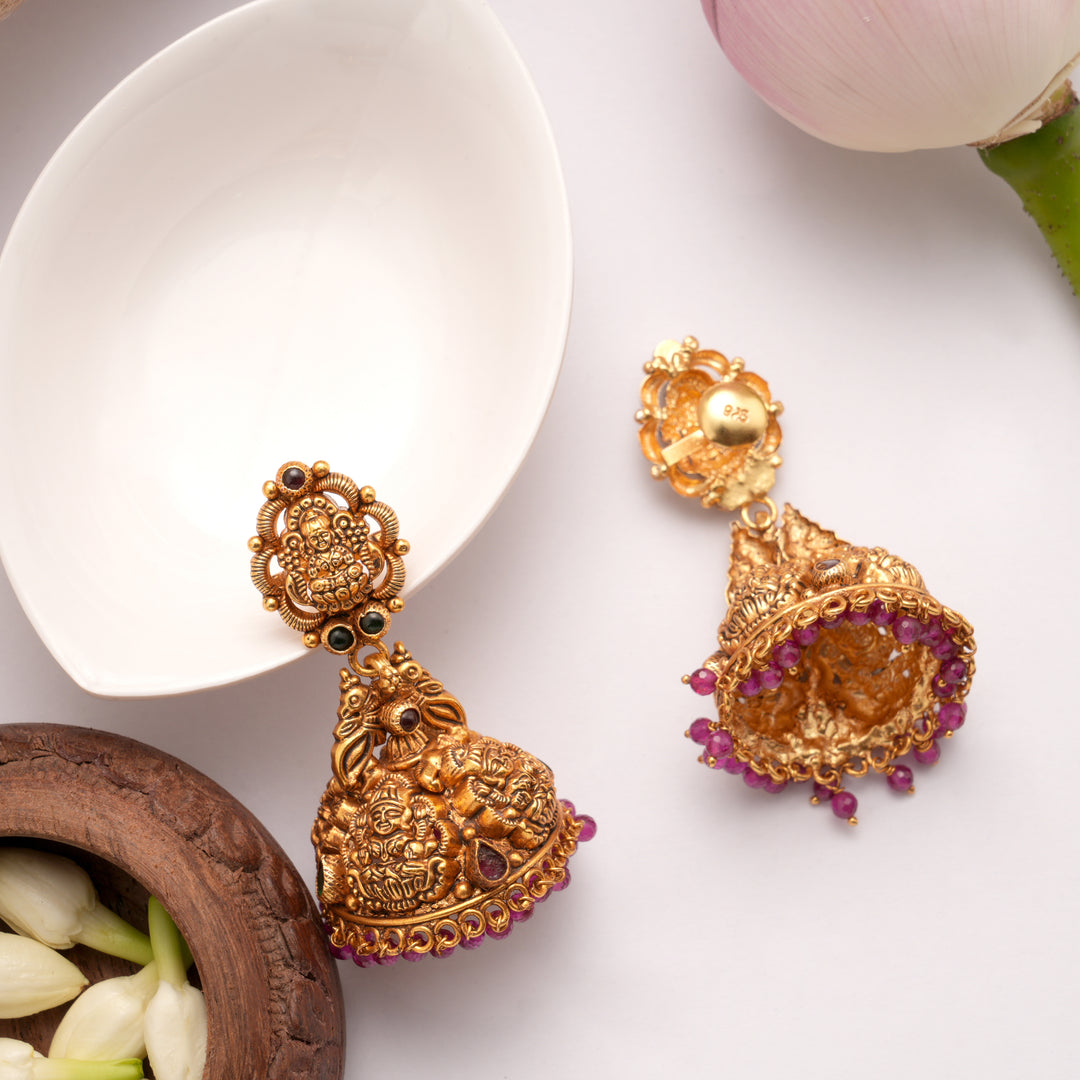 Trendy Peacock Lakshmi with Drops Golden Jumka