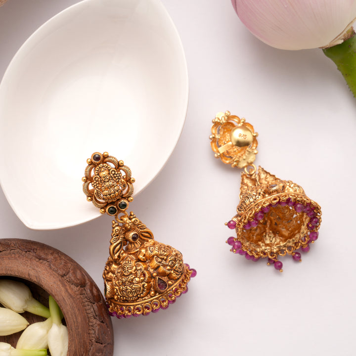 Trendy Peacock Lakshmi with Drops Golden Jumka