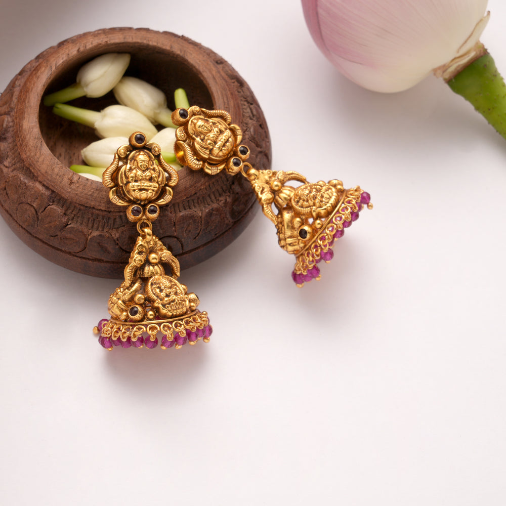 Elegant Lakshmi with Pink Drops Golden Jumka