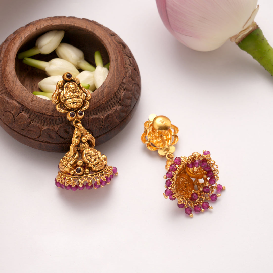 Elegant Lakshmi with Pink Drops Golden Jumka