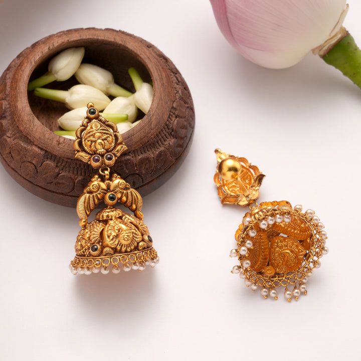Bold Peacock Design with Pearl Drops Golden Jumka