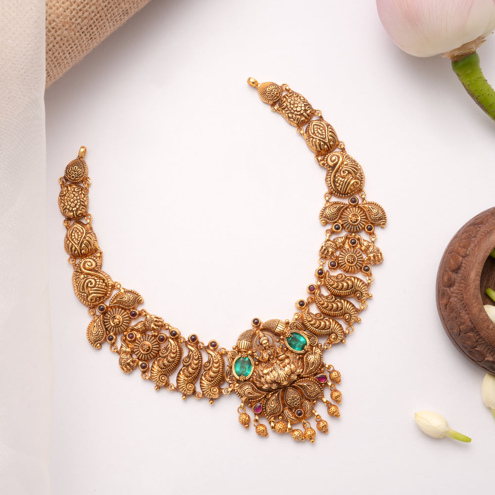 Beautiful Dhana Lakshmi Devi Emerald Golden Necklace