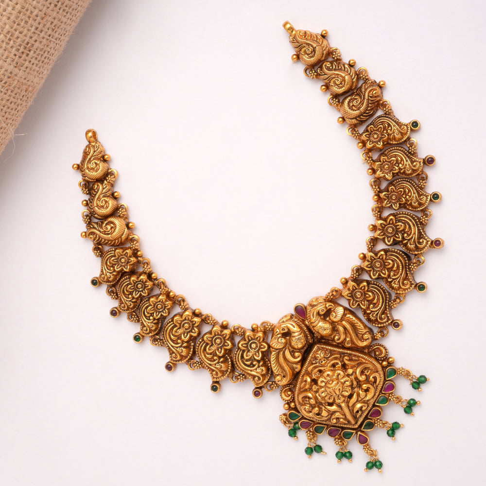 Premium Peacock Design Green Drops Golden Necklace