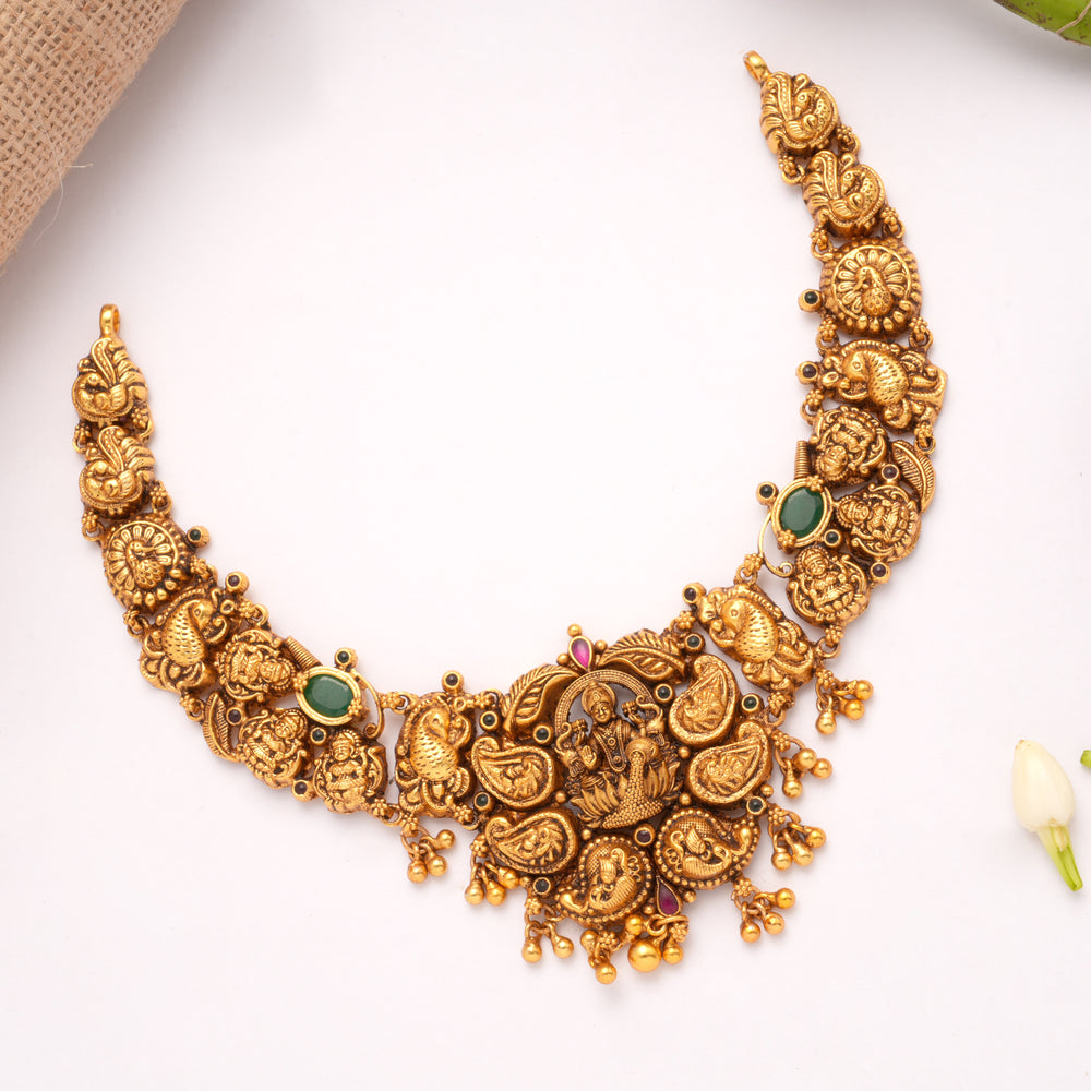 Goddess Lakshmi with Emerald Golden Necklace