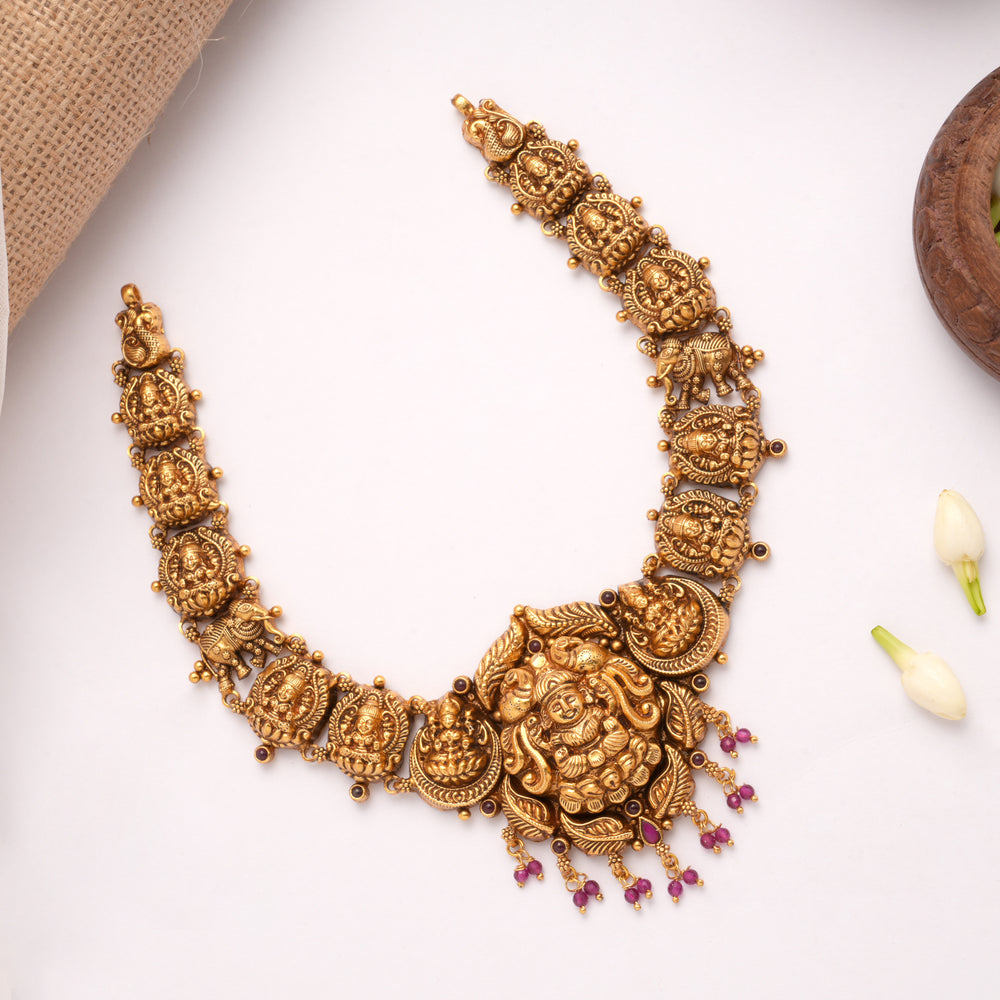 Antique Lakshmi Pink Drops Golden Necklace