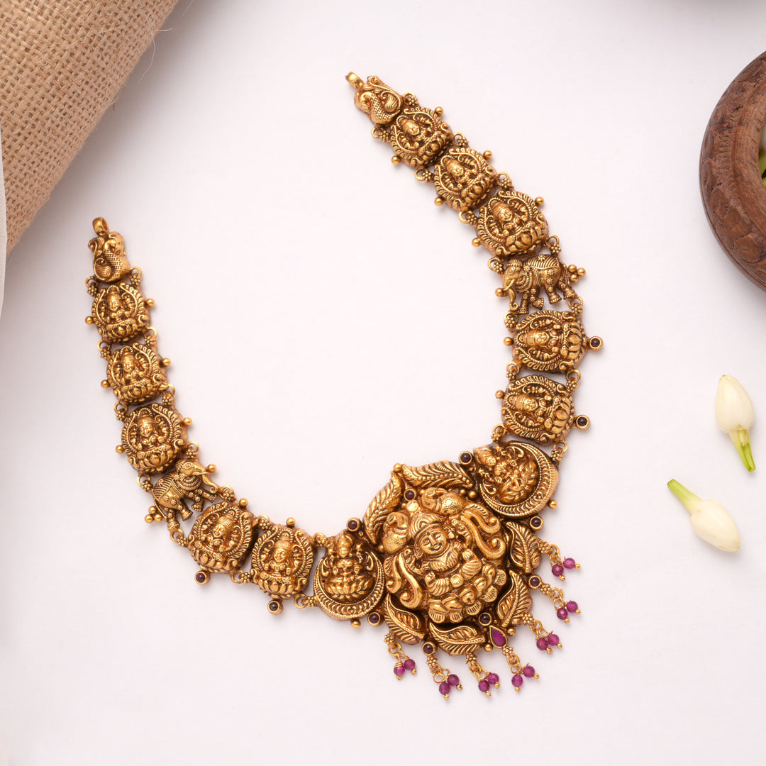 Antique Lakshmi Pink Drops Golden Necklace