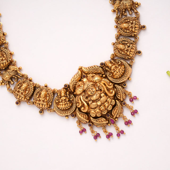 Antique Lakshmi Pink Drops Golden Necklace