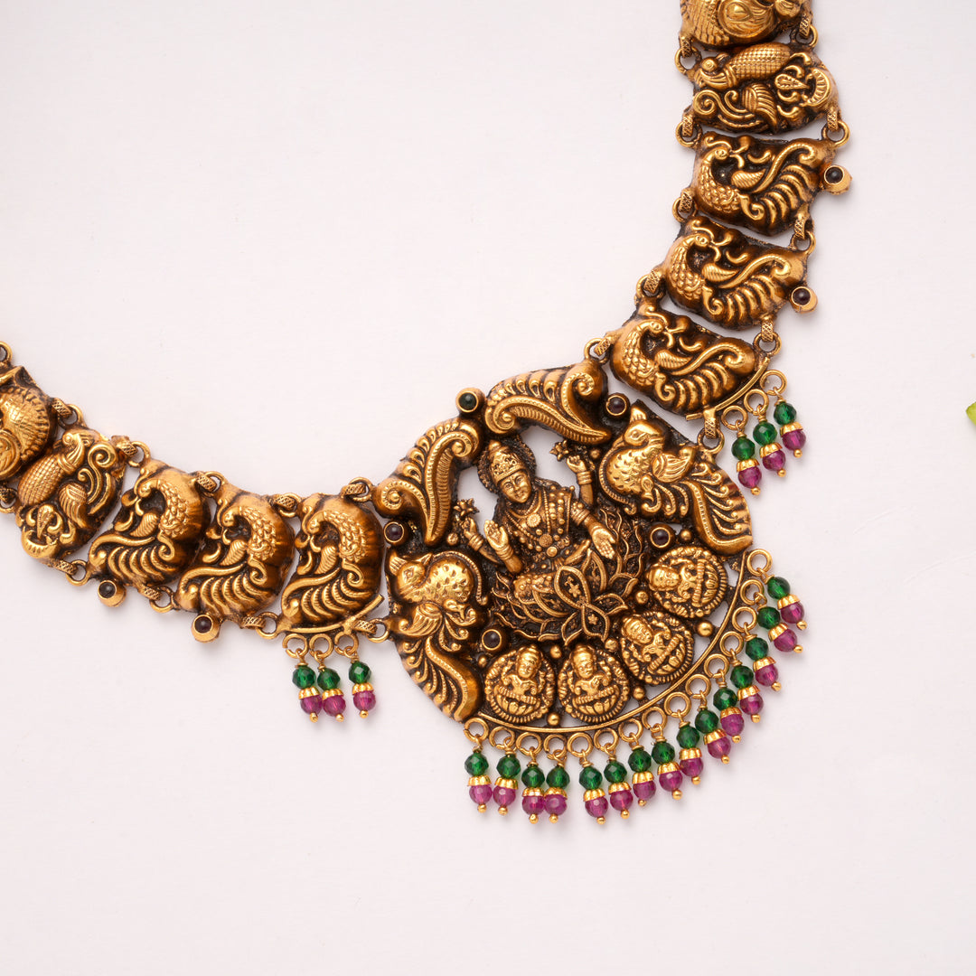 Antique Lakshmi with Color Beads Drops Golden Necklace