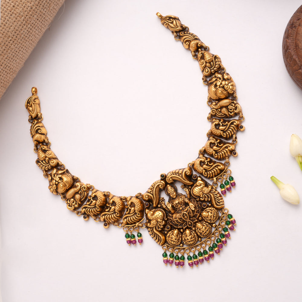 Antique Lakshmi with Color Beads Drops Golden Necklace