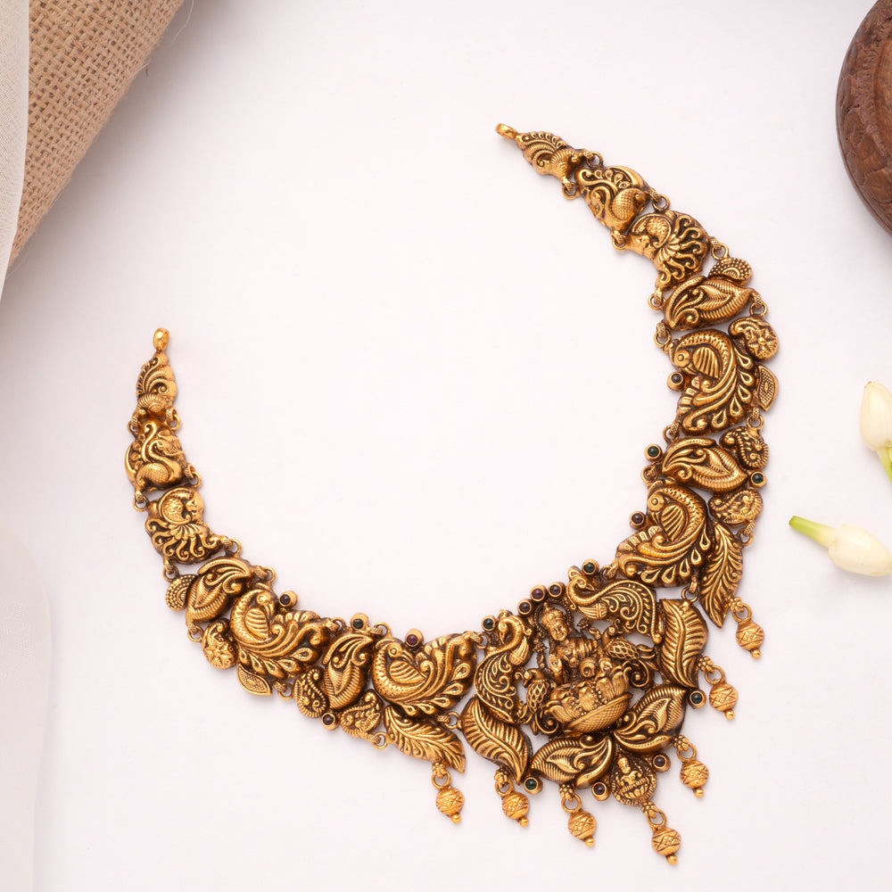 Antique Lakshmi with Leaf Design Golden Necklace