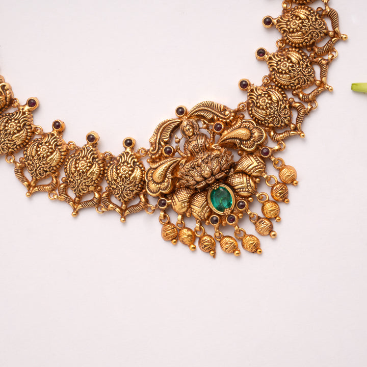 Antique Floral Lakshmi Green Stone Golden Necklace