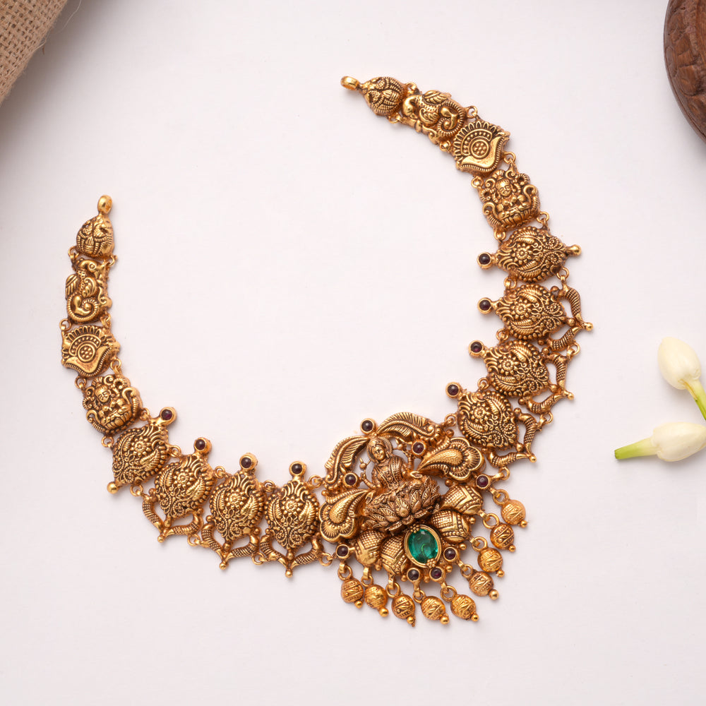 Antique Floral Lakshmi Green Stone Golden Necklace