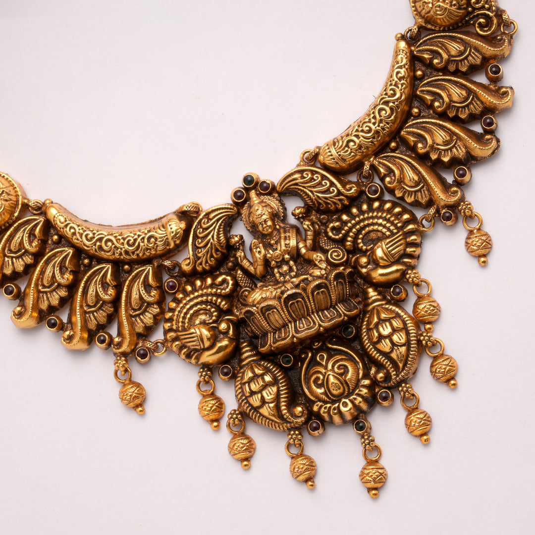 Antique Lotus Lakshmi with Golden Ball Drops Necklace