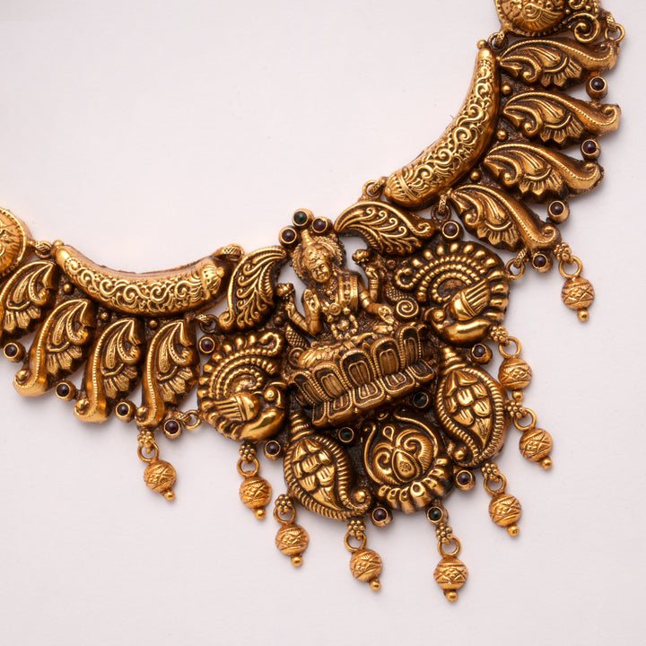 Antique Lotus Lakshmi with Golden Ball Drops Necklace