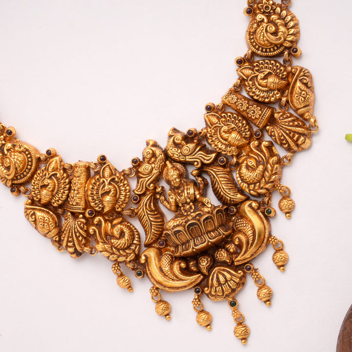 Classic Lakshmi with Lotus Drops Golden Necklace