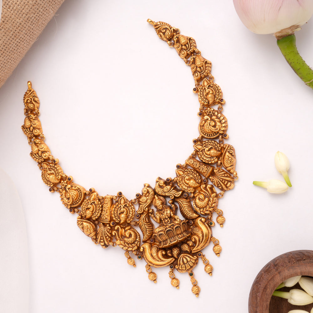 Classic Lakshmi with Lotus Drops Golden Necklace