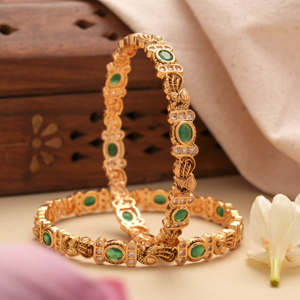 Elegant Emerald Stone Leaf Design Golden Bangles