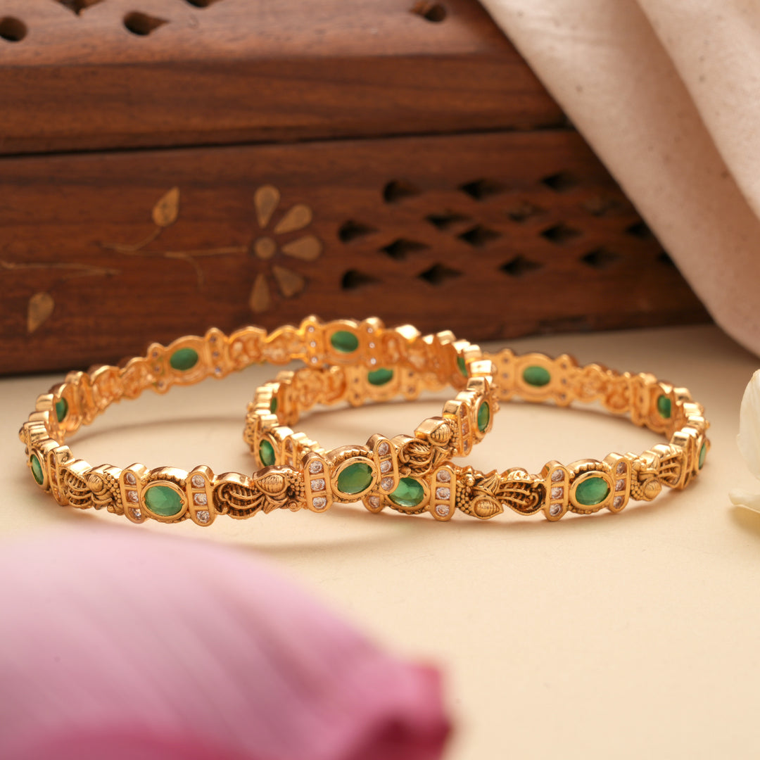 Elegant Emerald Stone Leaf Design Golden Bangles