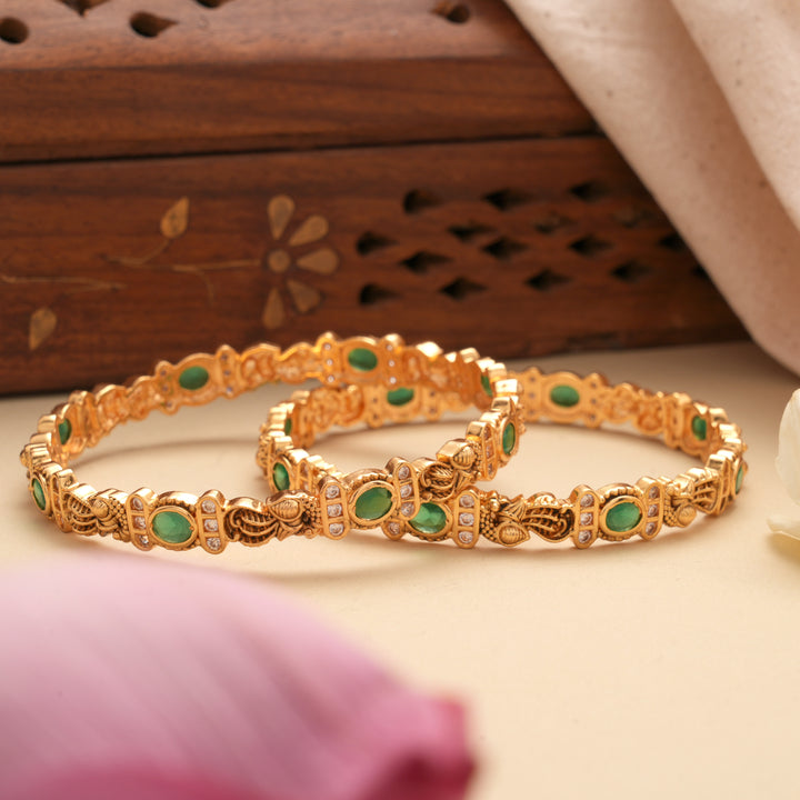 Elegant Emerald Stone Leaf Design Golden Bangles