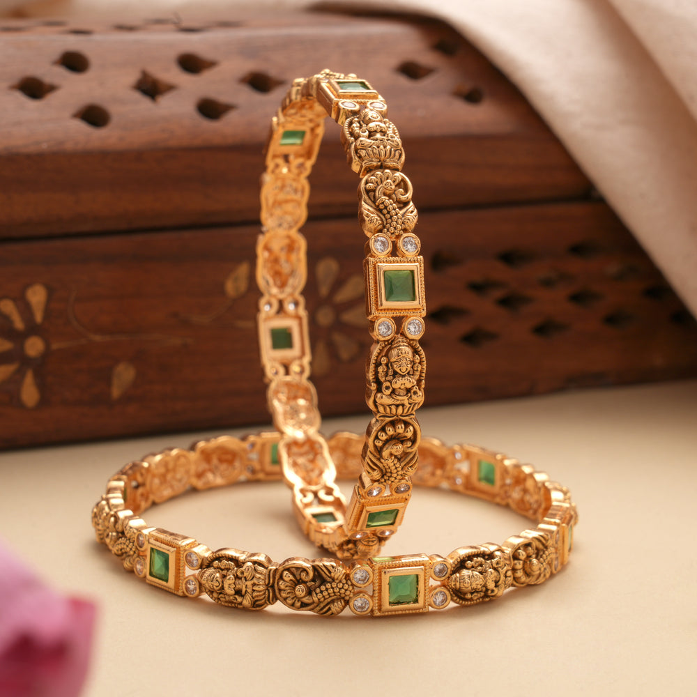 Antique Lakshmi Square Emerald Design Golden Bangles