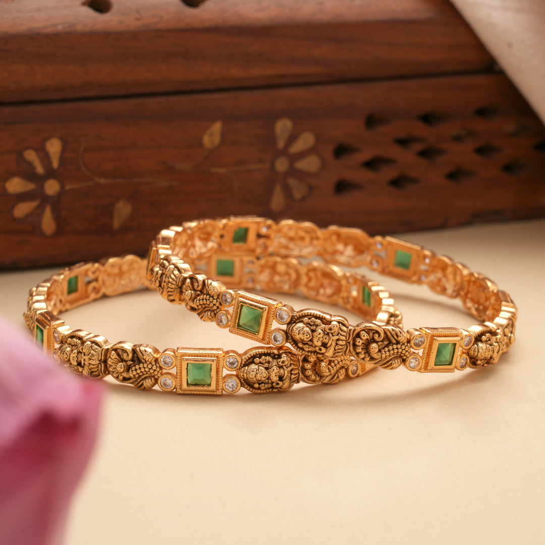 Antique Lakshmi Square Emerald Design Golden Bangles