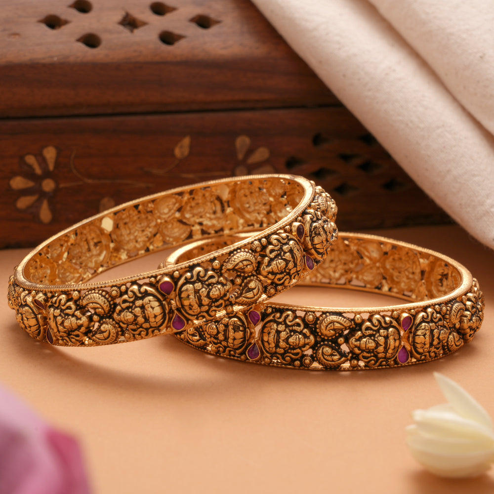 Antique Lakshmi Devi Ruby Stone Golden Bangles