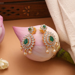 Sparkling Floral Emerald Pearl Drops Golden Earrings