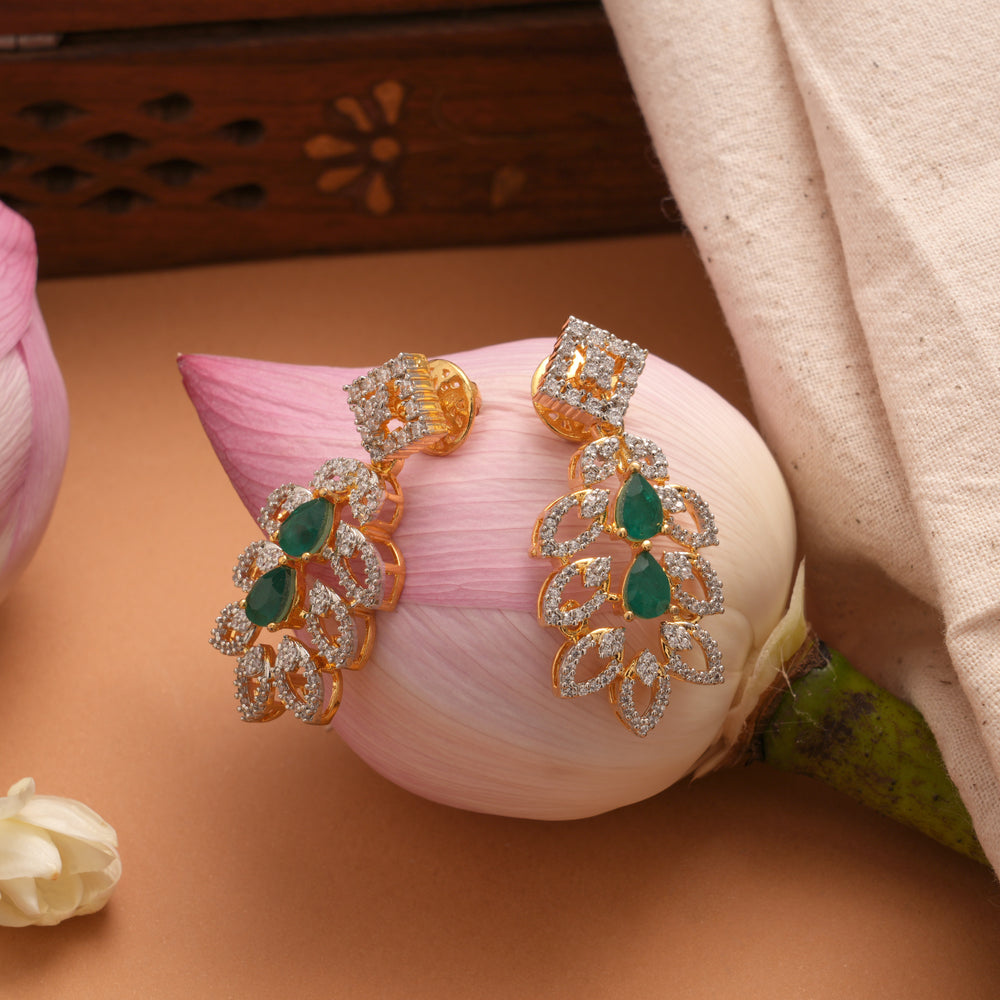 Delicate Leaf Design Emerald Tear Drop Golden Earrings
