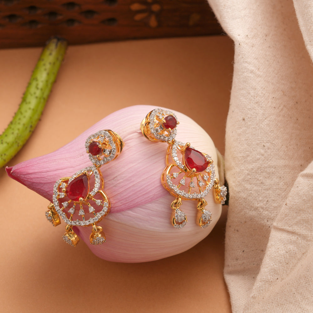 Radiant Ruby Floral Tear Drop Golden Earrings