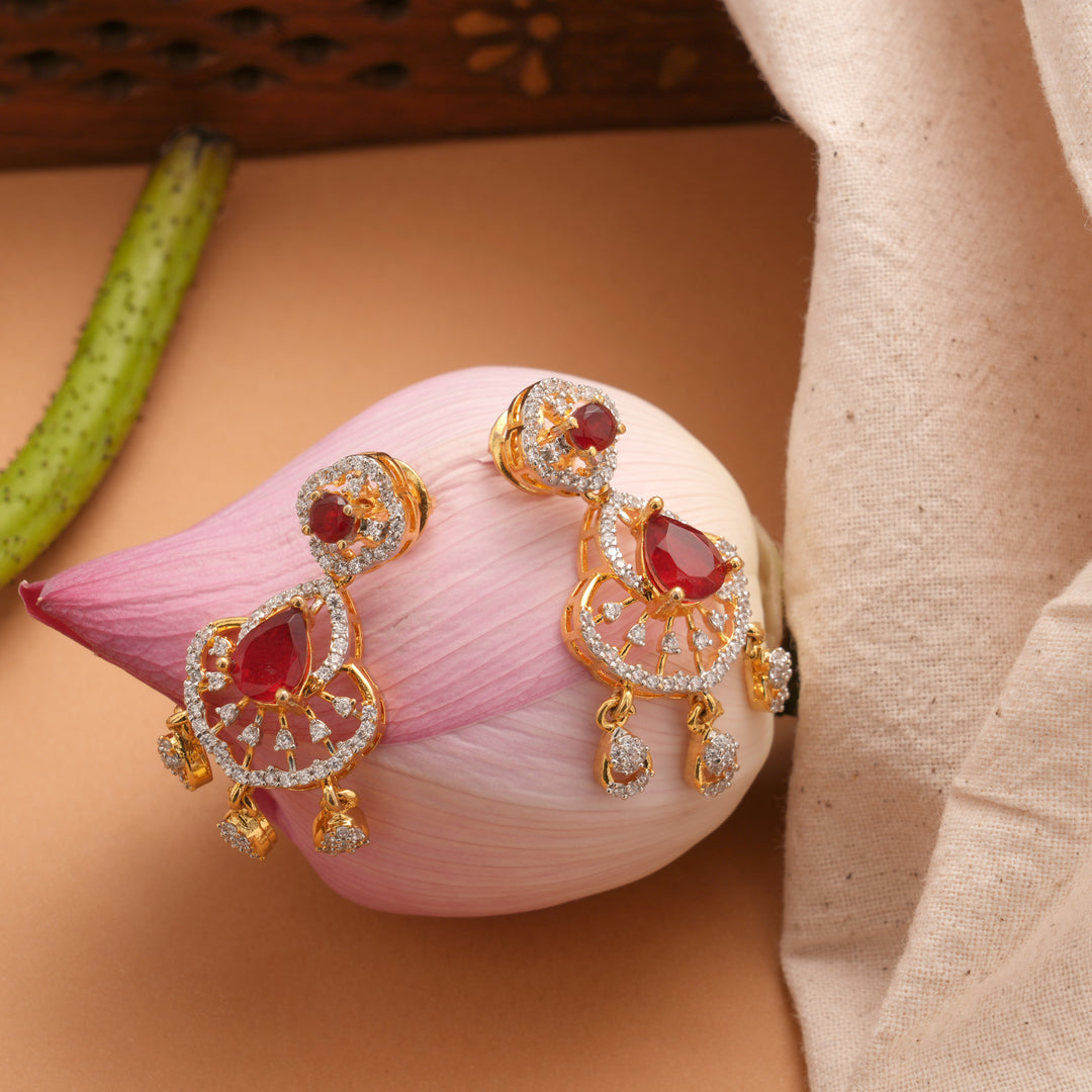 Radiant Ruby Floral Tear Drop Golden Earrings