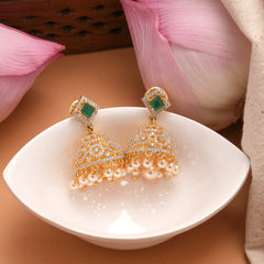 Halo Emerald Swarovski Pearl Drop Golden Jhumkas
