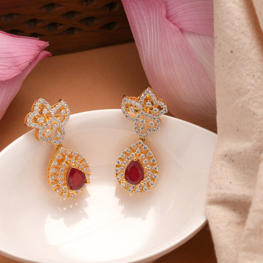 Blossom Ruby Tear Drop Floral Golden Earrings