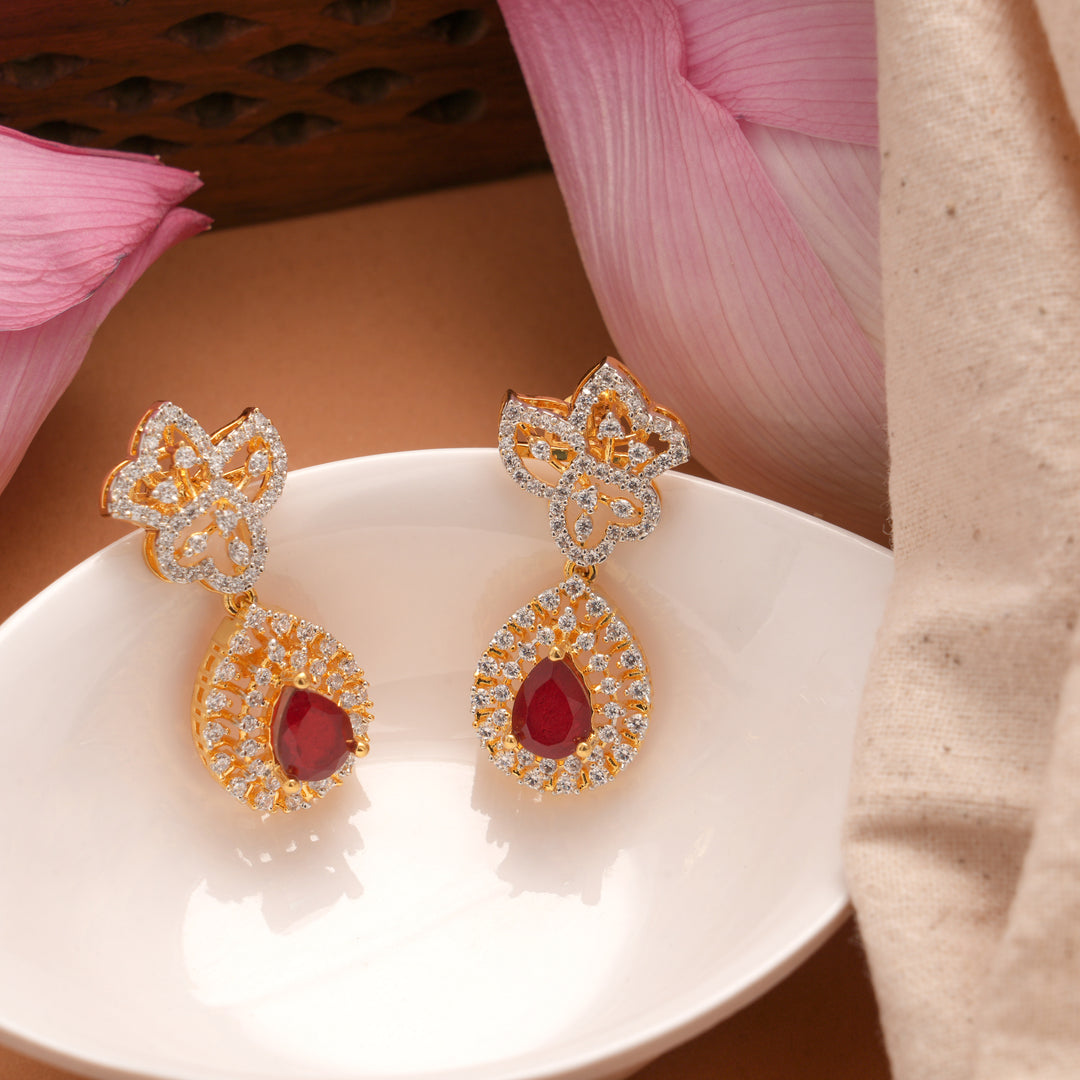 Blossom Ruby Tear Drop Floral Golden Earrings
