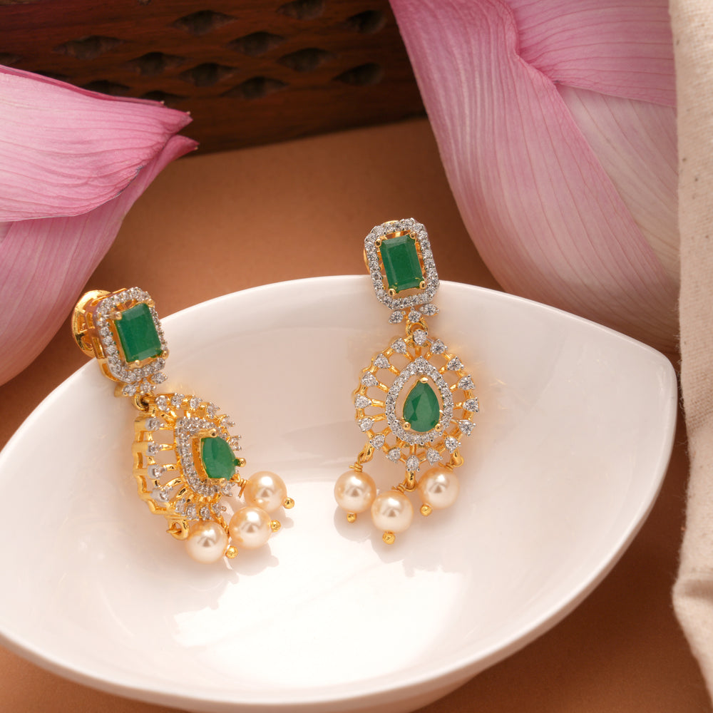 Elegant Halo Emerald Tear Drop Golden Earrings