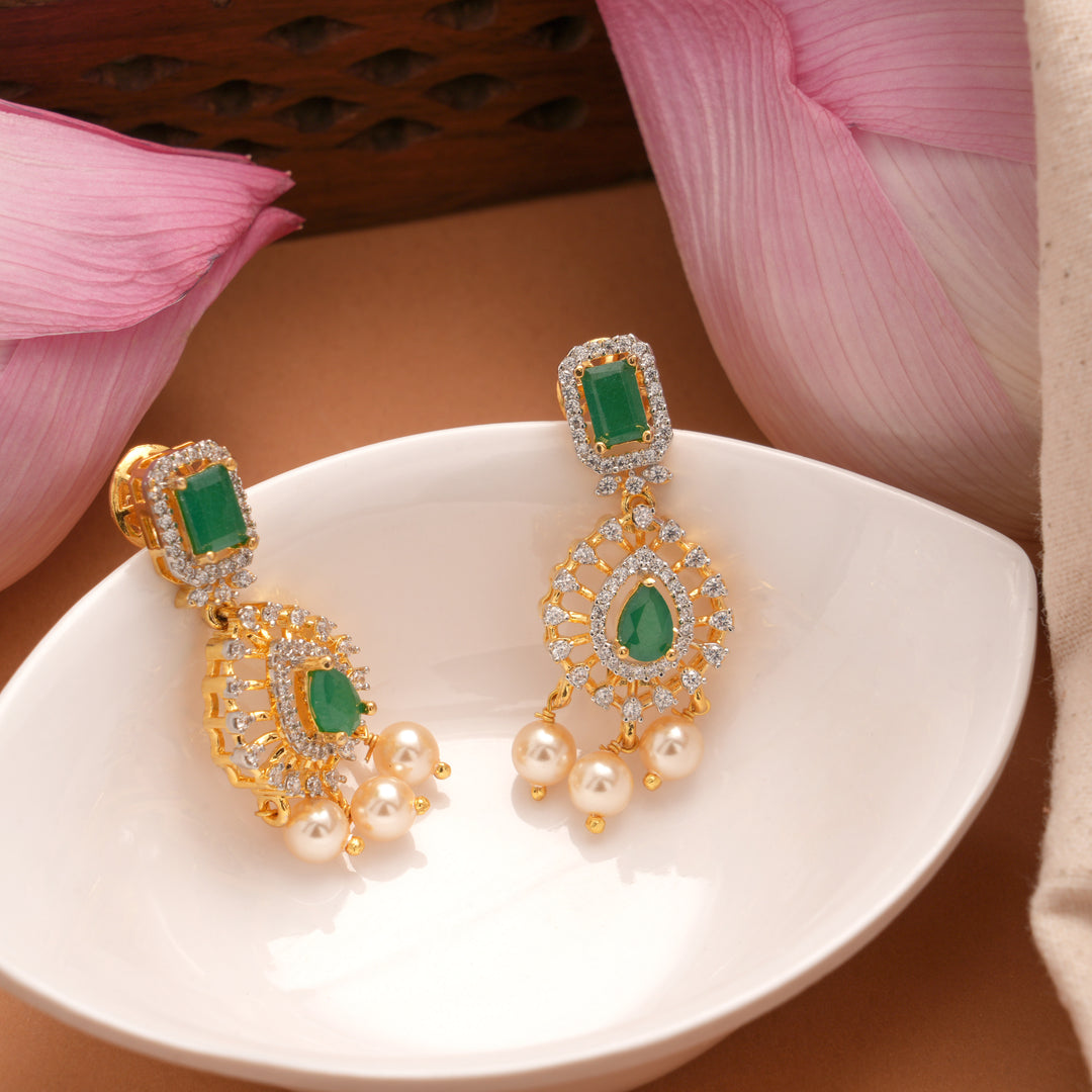 Elegant Halo Emerald Tear Drop Golden Earrings