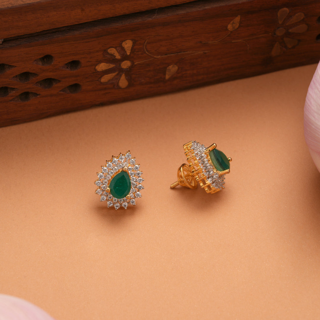 Minimal Tear Drop Emerald Kundan Golden Stud