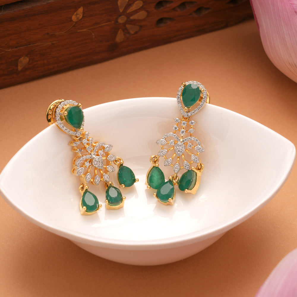 Cute Heart Design Emerald Tear Drop Golden Earrings