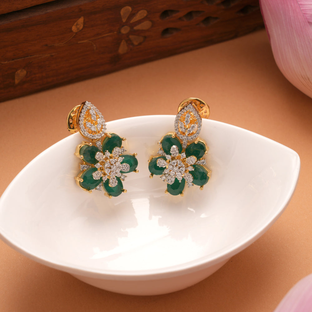 Blooming Sun Flower Emerald Golden Earrings