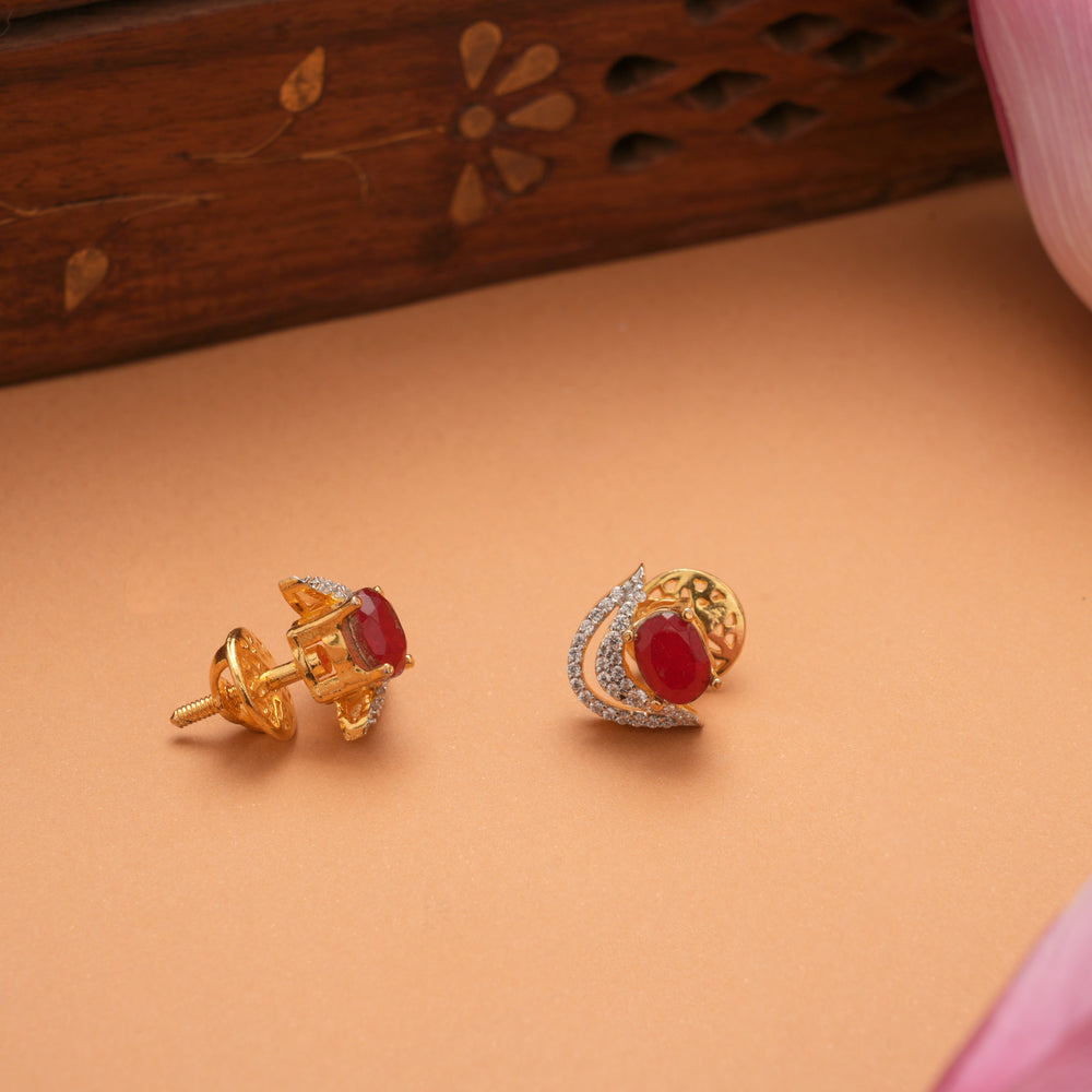 Minimal Oval Ruby Stone Golden Earrings
