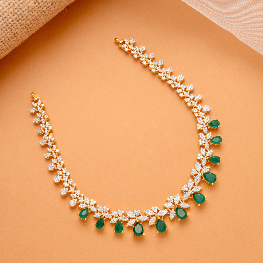Regal Tri Leaf Emerald Teardrop Swarovski Golden Necklace