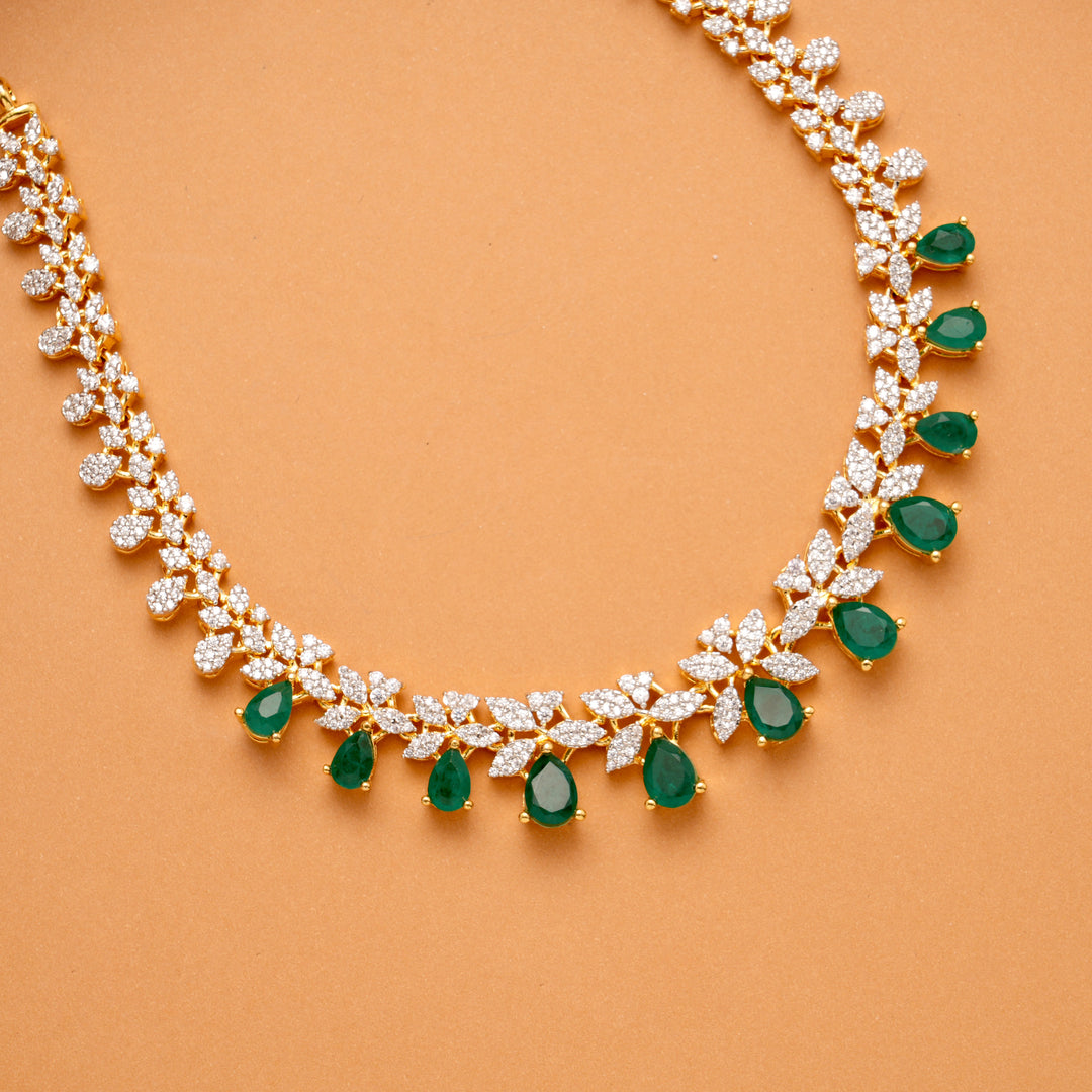 Regal Tri Leaf Emerald Teardrop Swarovski Golden Necklace